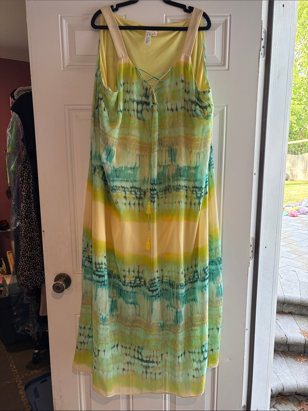 Emma & Michele Yellow and Aqua Tie-Dye Maxi Dress with Tassel Neck